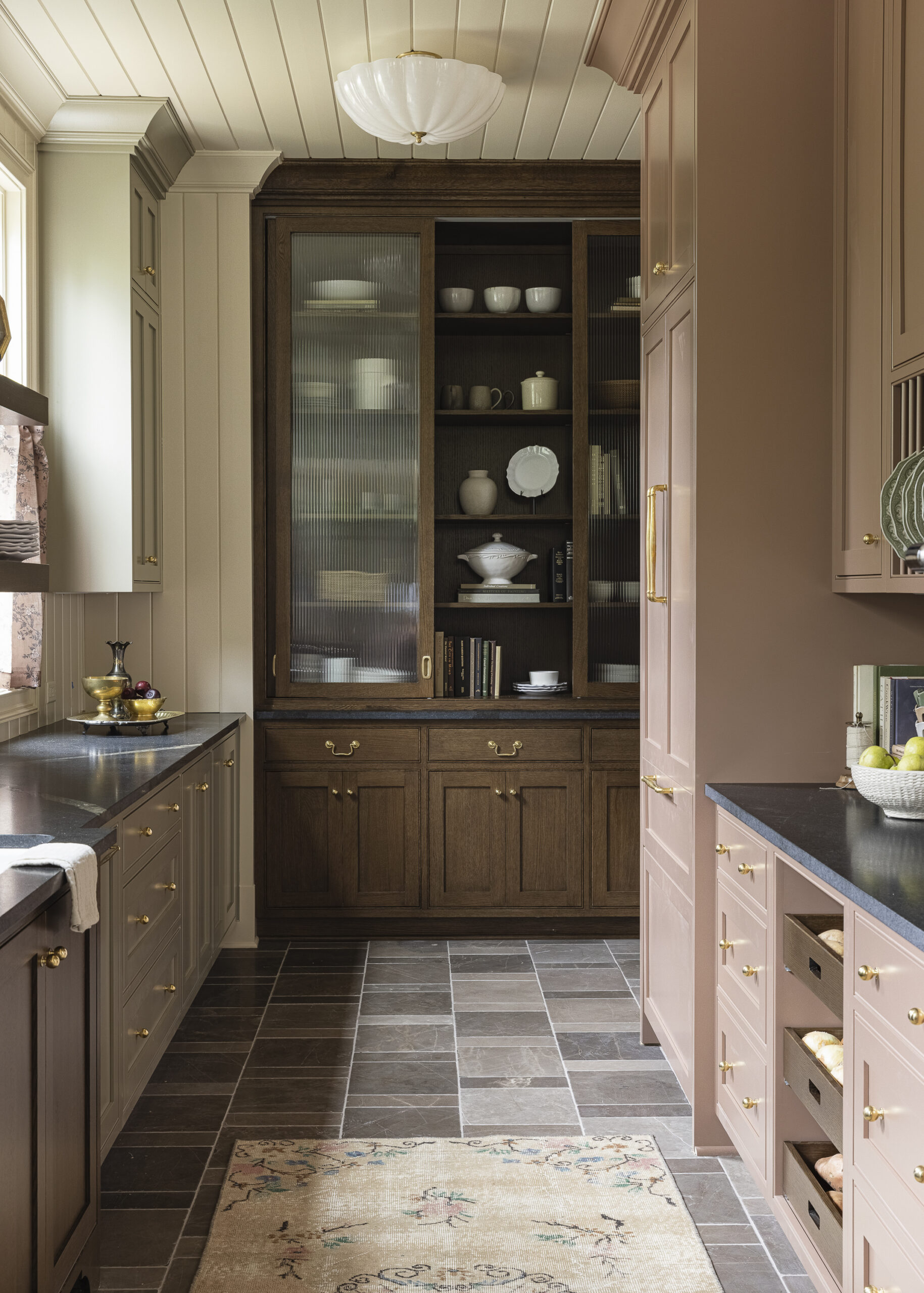 Reeded glass dark wood hutch in scullery