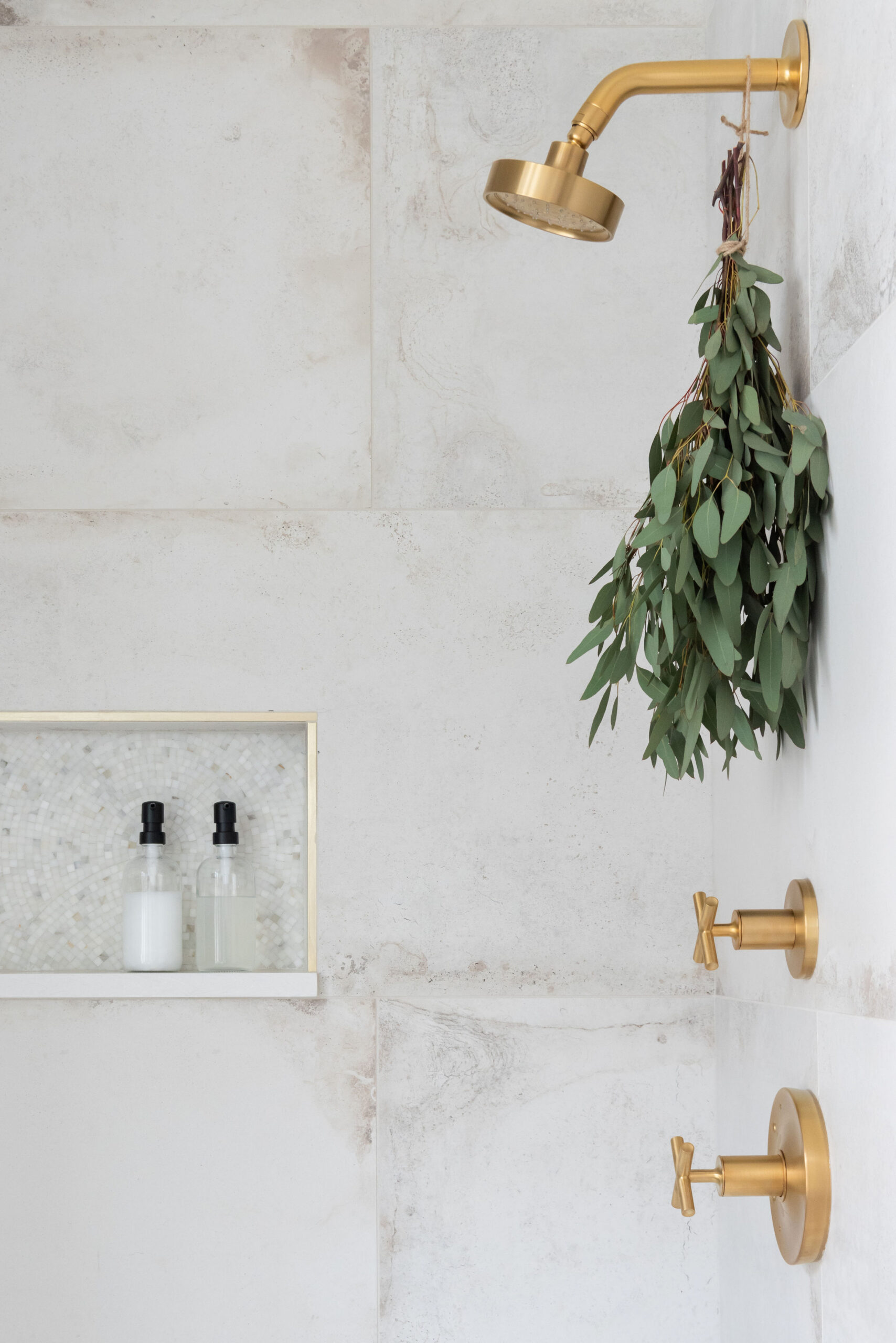 Walk-in shower with gold shower head and built-in rectangular niche